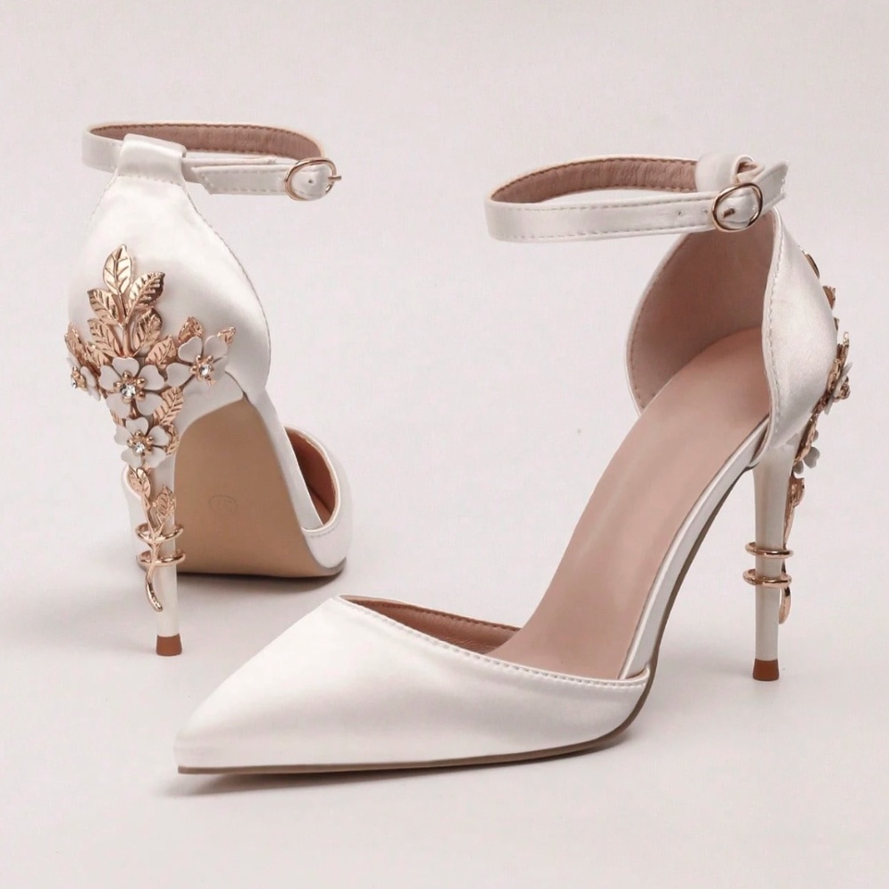 Rouge! White Satin Pointed-Toe Heels with Gold Floral Heel Accents